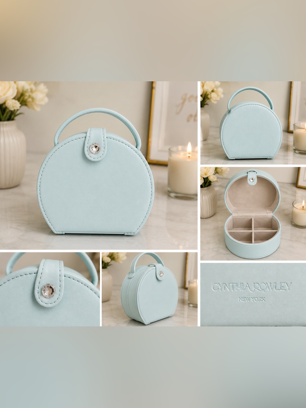 Cynthia Rowley Travel Jewelry Box Organizer Round Case Mint Blue Vegan Leather